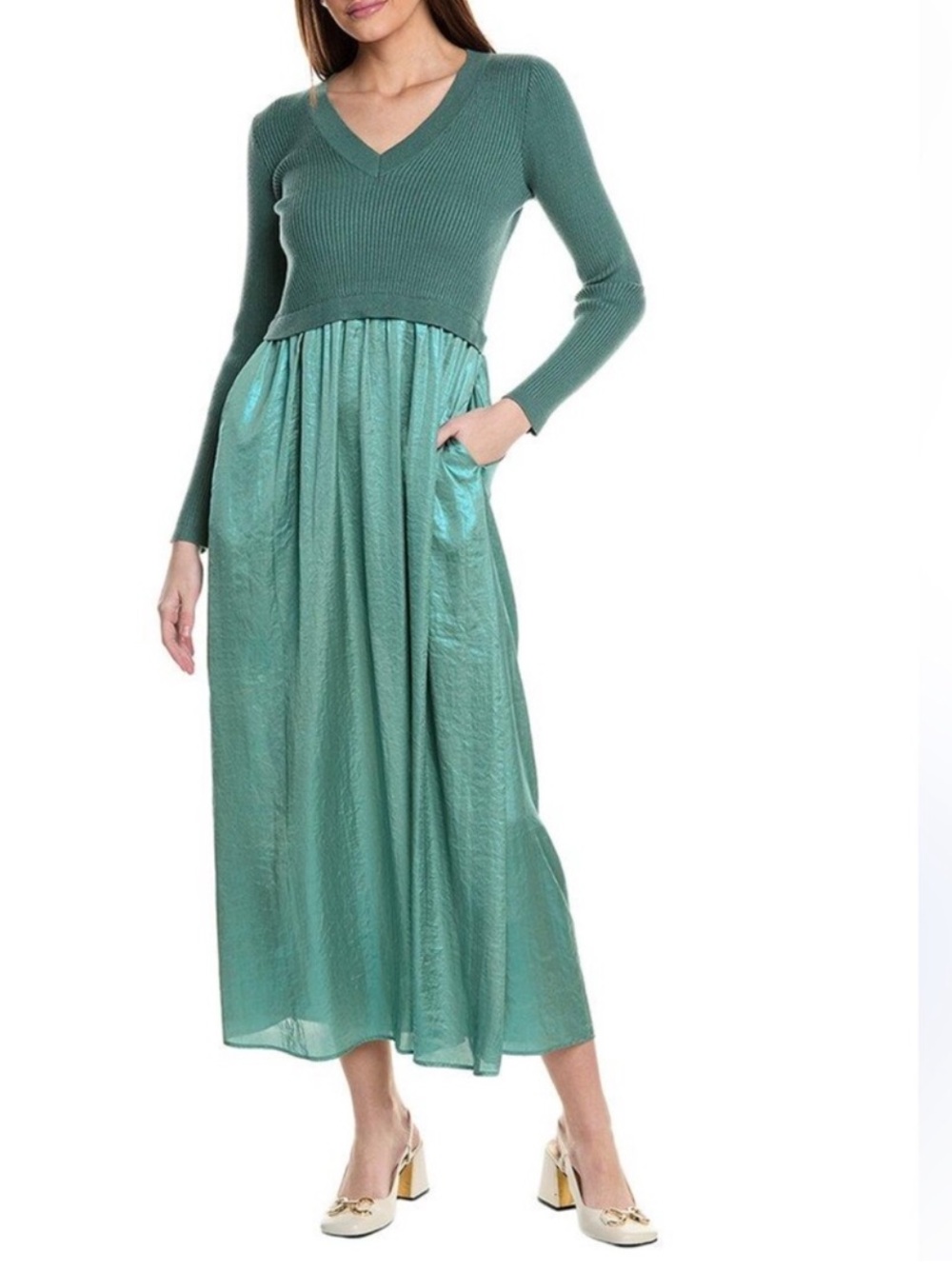 TAYLOR Seafoam Long Sleeve Satin Skirt Sweater Maxi Dress